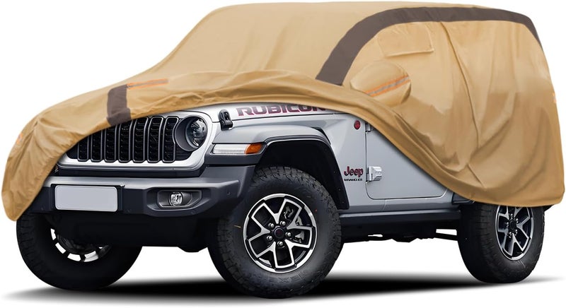 Car Cover Waterproof All Weather Compatible with Automobiles, Outdoor Anti-UV Sun Rain Protection Full Exterior Cover (Camel with Brown) (Jeep Wrangler 2Dr)
